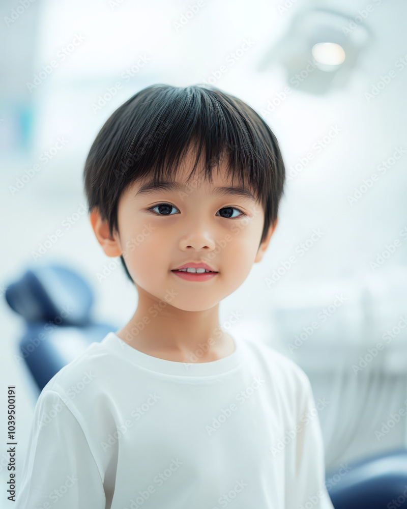 young child with gentle smile stands in bright room, possibly dental office, wearing white shirt. background is softly blurred, highlighting childs expression young child with gentle smile stands in bright room, possibly dental office, wearing white shirt. background is softly blurred, highlighting childs expression
