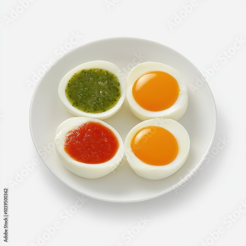 A plate featuring four halved boiled eggs with different sauces.