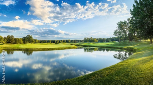 A serene composition featuring a tranquil golfing scene, Pristine golf course impeccably landscaped, Classic editorial style