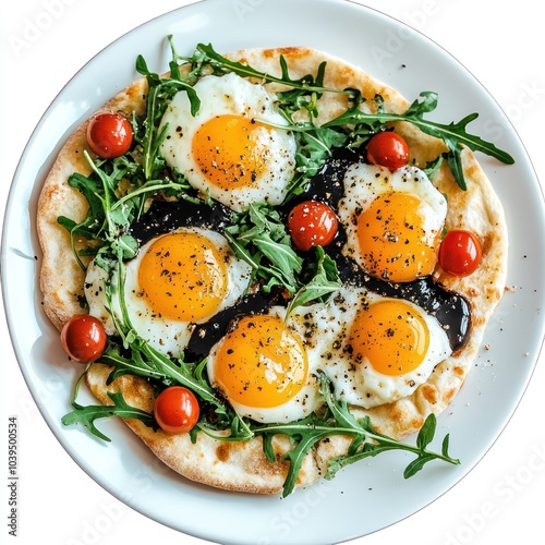 A plate of flatbread topped with eggs, arugula, and cherry tomatoes.