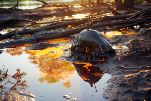 Dead fish floating in a contaminated river after a major industrial chemical spill photo