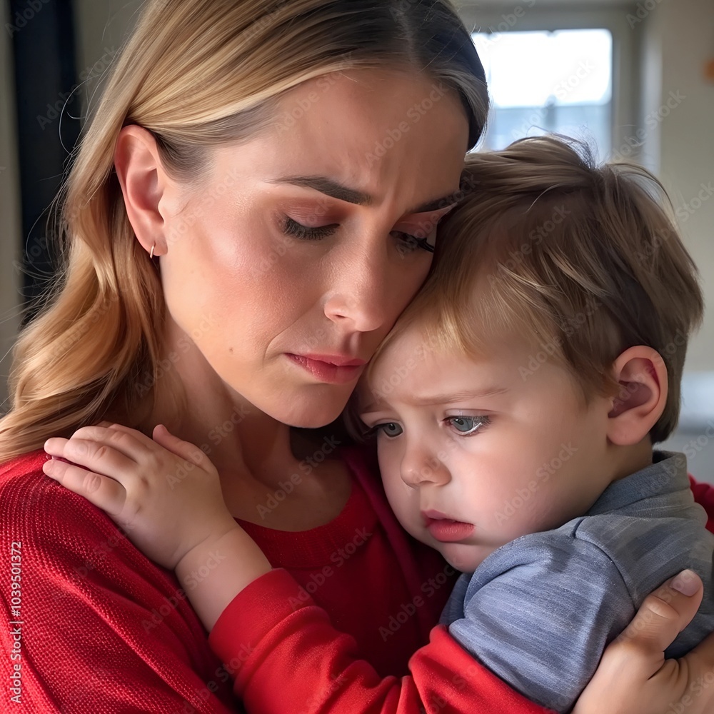 Sad, tired mother holding her son Sad, tired mother holding her son