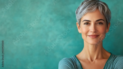 A woman with short gray hair is smiling and looking at the camera. She is wearing a green shirt and is standing in front of a blue wall