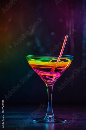 a colorful cocktail glass illuminated by hypnotic neon lights, capturing the essence of a vibrant rave party atmosphere, with swirling colors and a festive feel1  photo