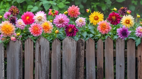 Colorful Dahlias Blooming by Rustic Wooden Fence