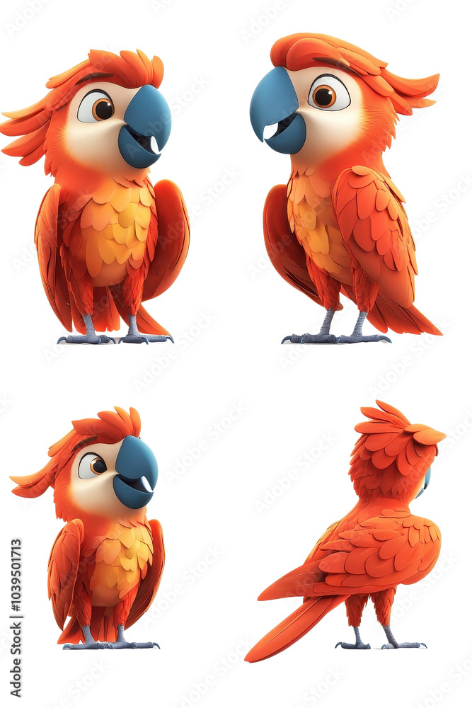 A 3D cartoon parrot character, isolate on white background, with playful expressions. cutout png A 3D cartoon parrot character, isolate on white background, with playful expressions. cutout png