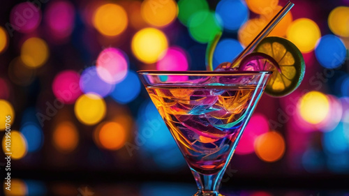 a colorful cocktail glass illuminated by hypnotic neon lights, capturing the essence of a vibrant rave party atmosphere, with swirling colors and a festive feel1  photo