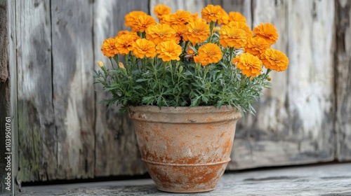 Vibrant Orange Marigolds in Rustic Pot