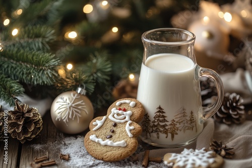 Christmas Cookies and Milk. Santa's Holiday Treat with Festive Decorations