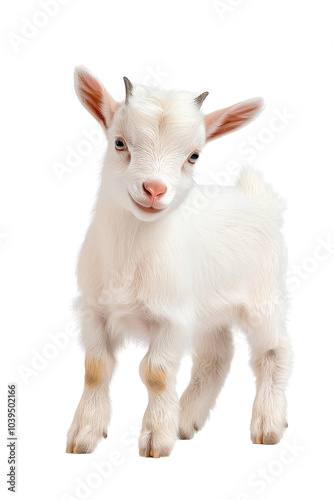 A goat standing on all fours, isolate on white background, showing its horns and fur detail. cutout png