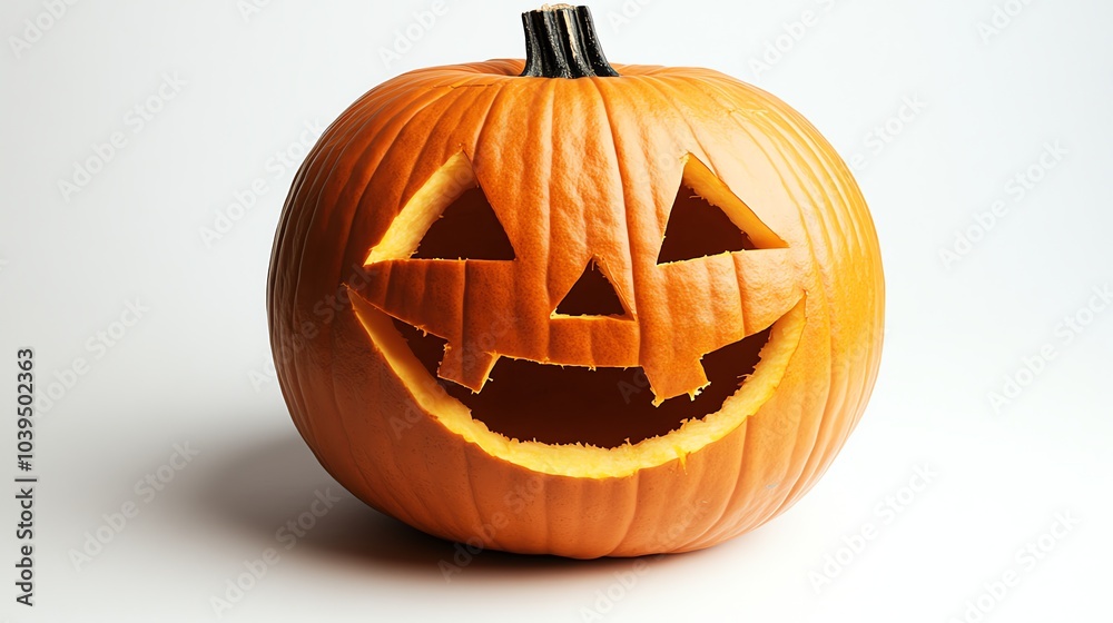 A classic jack-o'-lantern with a wide, toothy grin sits on a white background. A classic jack-o'-lantern with a wide, toothy grin sits on a white background.