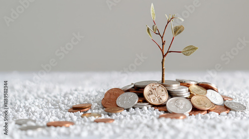 tree growing out of pile of coins symbolizes growth and prosperity, representing potential for financial success and sustainability photo