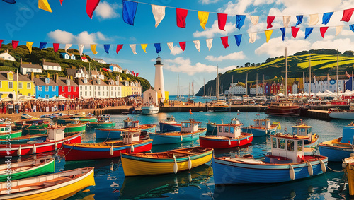 Colorful houses and boats line a harbor. Flags and a lighthouse are visible. Sunny day.