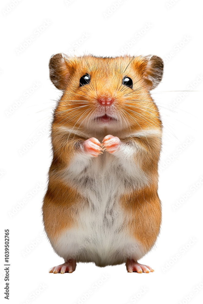 A hamster standing adorably, isolate on white background, showcasing its tiny paws and round face. cutout png A hamster standing adorably, isolate on white background, showcasing its tiny paws and round face. cutout png