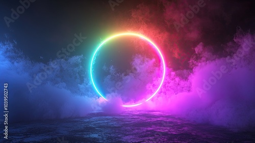 Wallpaper Mural Abstract neon background. Glowing neon circle in dark room with smoke and smog. Empty scene for your design Torontodigital.ca