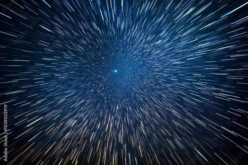 A starry night sky with light trails converging on a single point, simulating a speed-of-light effect in deep space
A starry night sky with light trails converging on a single point, simulating a speed-of-light effect in deep space