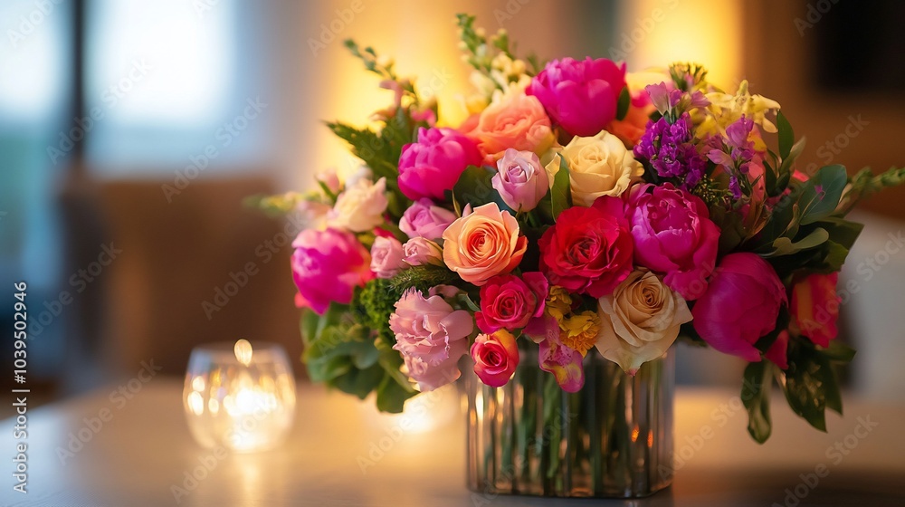 A vibrant bouquet of pink, yellow, and orange roses and peonies in a glass vase on a table with candles. A vibrant bouquet of pink, yellow, and orange roses and peonies in a glass vase on a table with candles.
