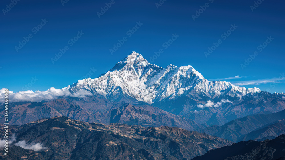 Obraz premium breathtaking snowy mountain range under clear blue sky, showcasing majestic peaks and valleys. serene landscape evokes sense of tranquility and awe