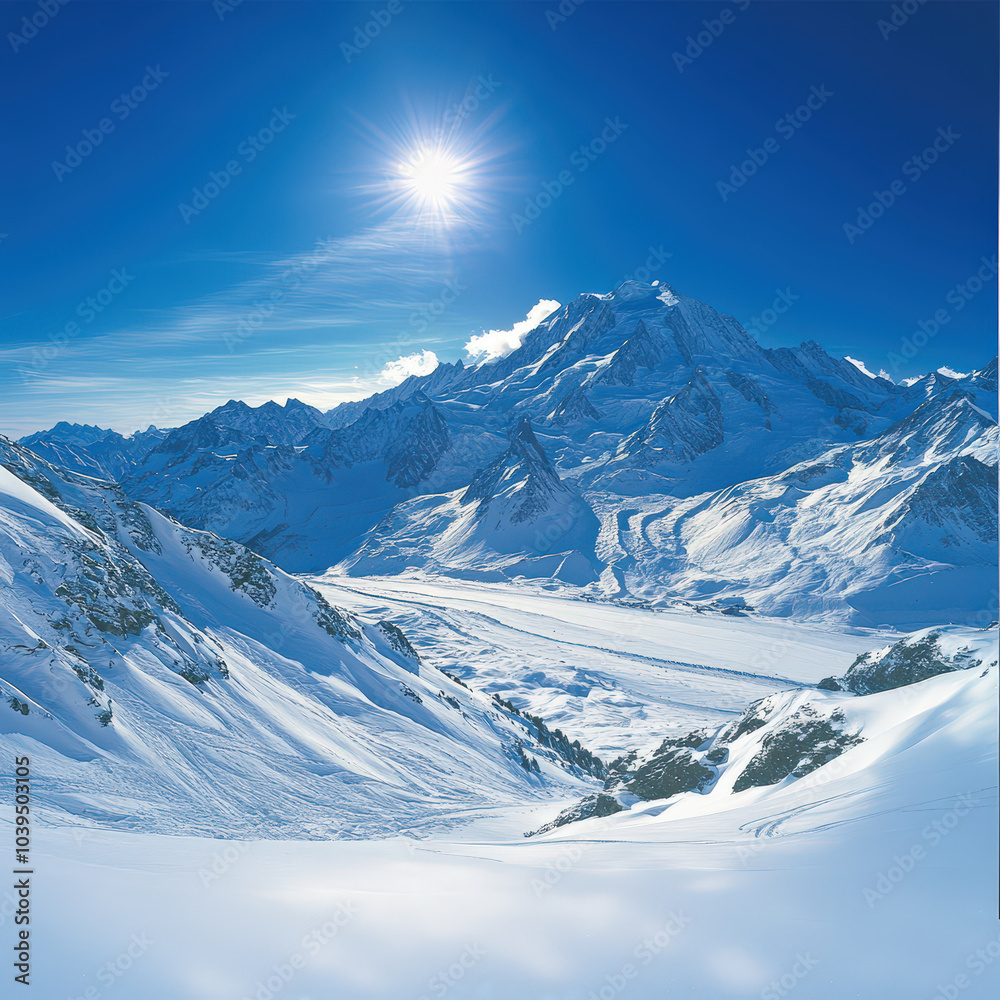Obraz premium vast snowy mountain range under clear blue sky, showcasing majestic peaks and bright sun illuminating landscape. serene beauty evokes sense of tranquility and awe