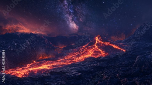 hot red magma flowing on dark mountainous surface at night time with Milky Way