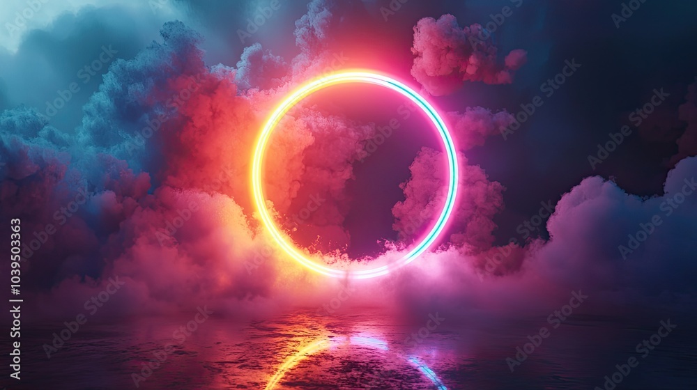 Obraz premium Abstract neon background. Glowing neon circle in dark room with smoke and smog. Empty scene for your design