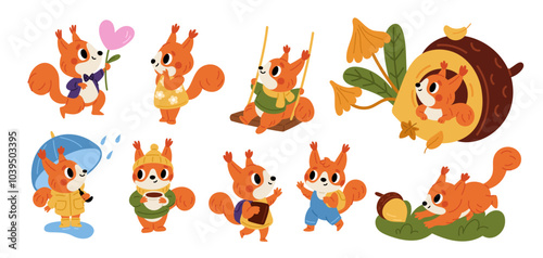 Cute squirrels. Funny little animals. Redhead fluffy mascots. Cartoon autumn forest characters. Happy mammal with backpack or umbrella. Different poses and actions. Garish vector set