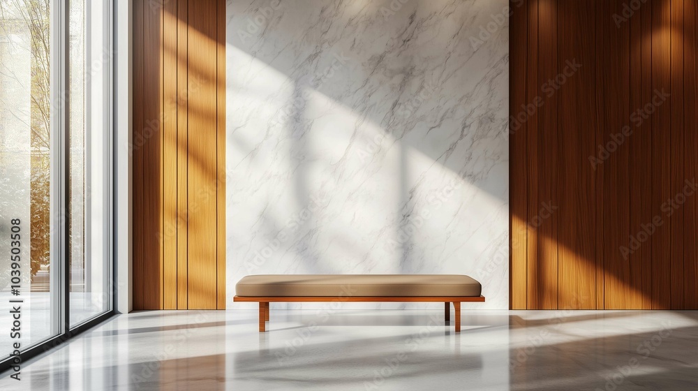 Fototapeta premium Wooden bench near marble stone wall and wood paneling in cozy hallway. Minimalist home interior design of modern entrance hall with big window
