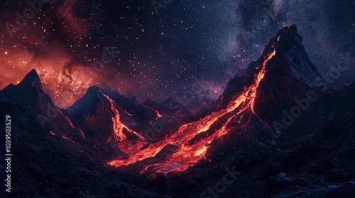 hot red magma flowing on dark mountainous surface at night time with Milky Way