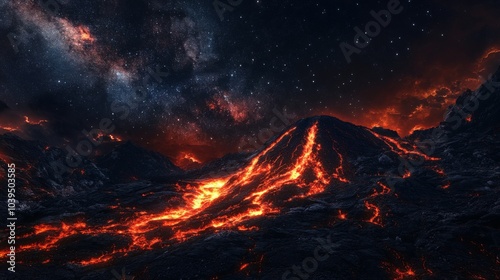 hot red magma flowing on dark mountainous surface at night time with Milky Way