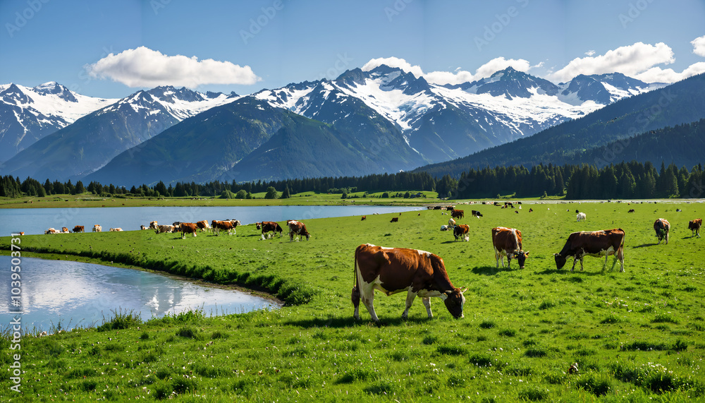Fototapeta premium Paysage alpin avec vaches paissant
