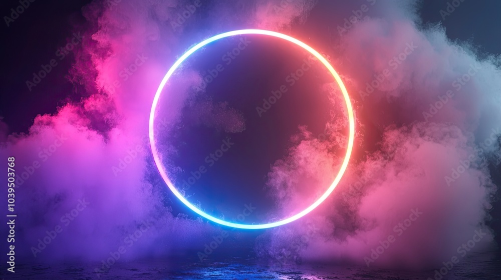 Abstract neon background. Glowing neon circle in dark room with smoke and smog. Empty scene for your design