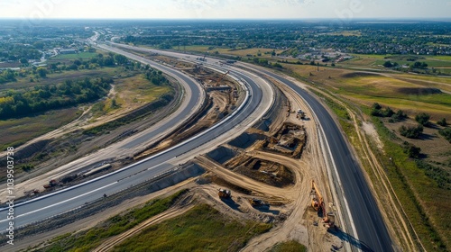 Aerial view of a large highway construction project, showcasing the complexity of civil engineering. 