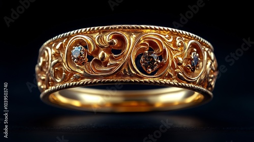 Antique gold ring with baroquestyle ornamentation set against a minimalistic black background showcasing the historical elegance of classic gold design