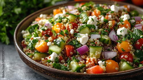 A delightful quinoa salad with diced cucumbers, cherry tomatoes, red onions, parsley, and crumbled feta cheese, tossed in a light lemon and olive oil dressing