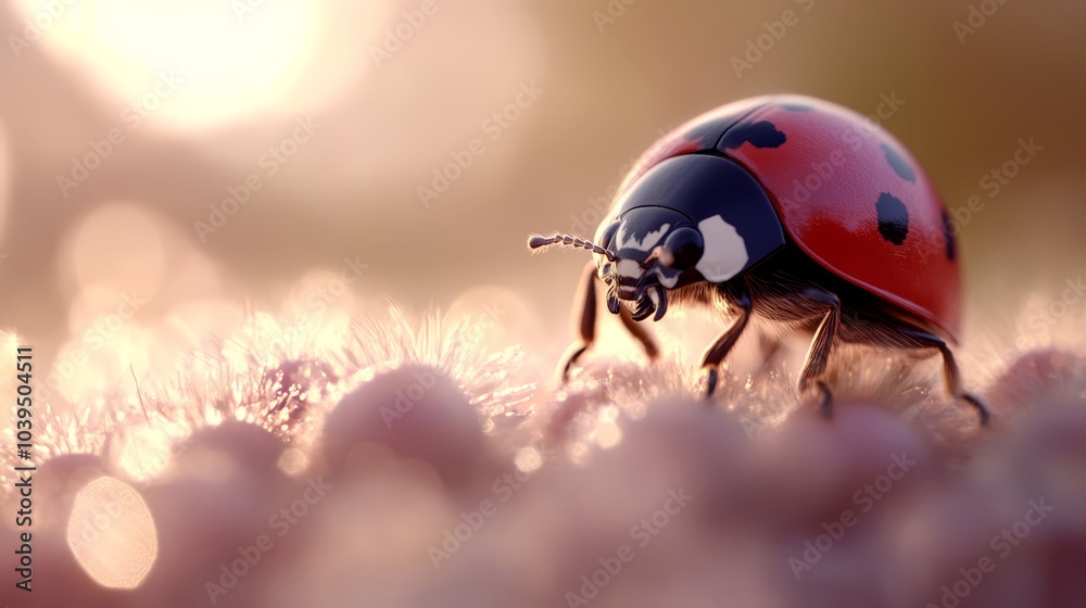 Fototapeta premium A ladybug up close on grassy terrain beneath a shining sun