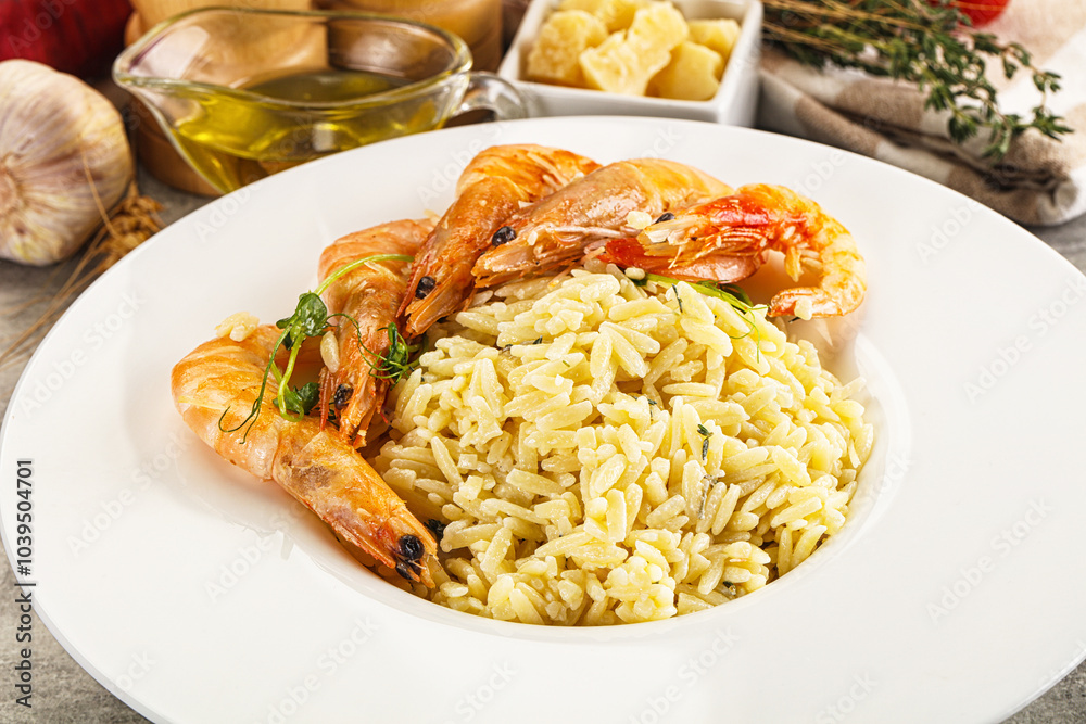 Italian pasta Orzo with prawn Italian pasta Orzo with prawn