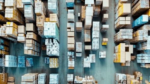 A bustling storage depot meticulously organized with crates and boxes, symbolizing the continuous flow of goods in contemporary economies, photography style