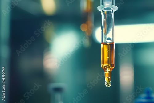 Pipette is dripping liquid into a glass vial during a medical experiment in a laboratory