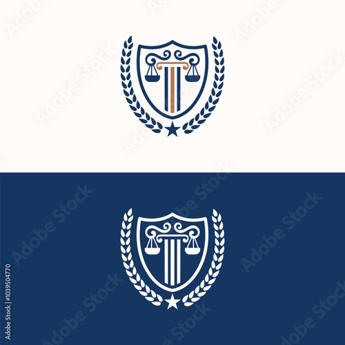 Advocate law logo template, pillar logo with scales and shield