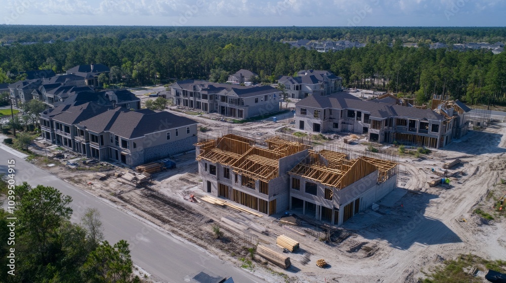 Fototapeta premium Aerial view of residential construction development with multiple homes in various stages of completion. 