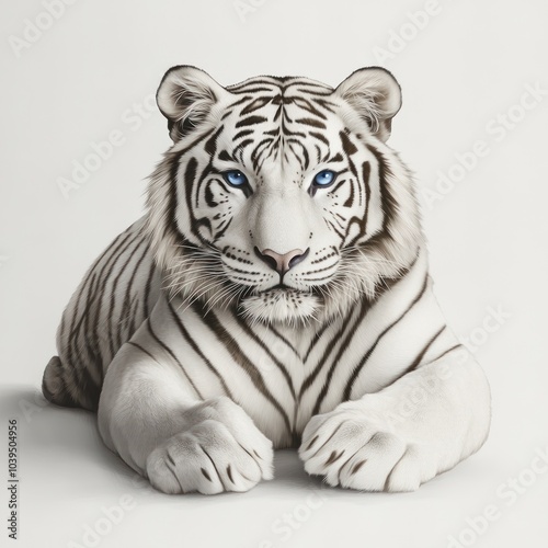 A realistic depiction of a white tiger with striking blue eyes, showcasing its majestic features.