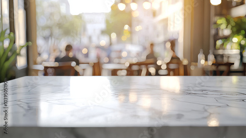 A smooth marble table top, with the busy scene of a cafe or restaurant softly out of focus behind it.