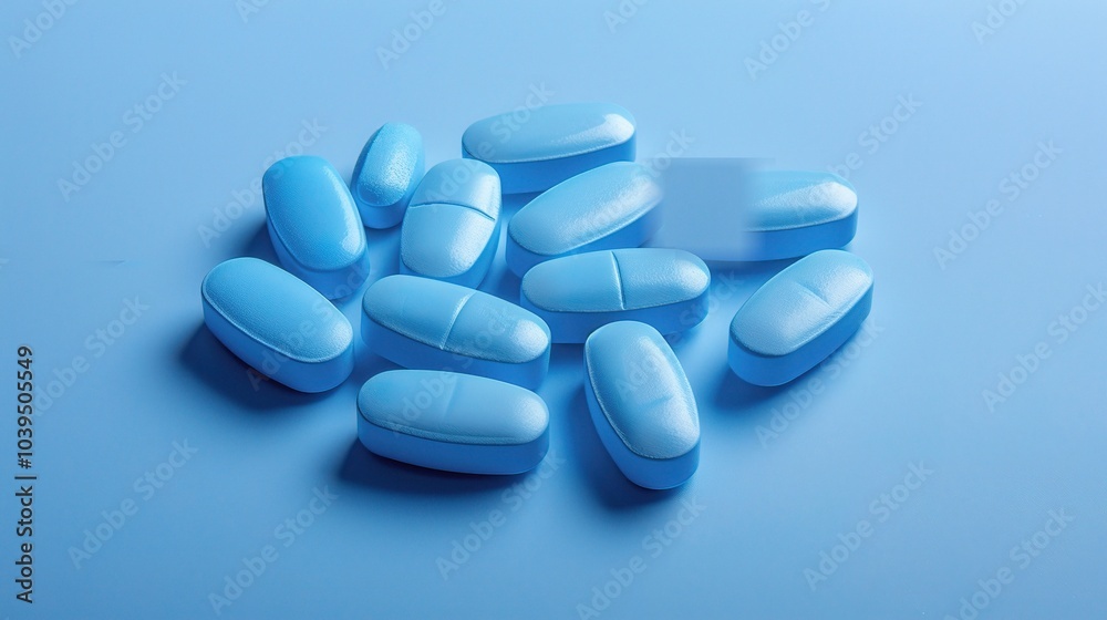 Blue medicine pill tablet float on blue background - a captivating and serene sight Blue medicine pill tablet float on blue background - a captivating and serene sight