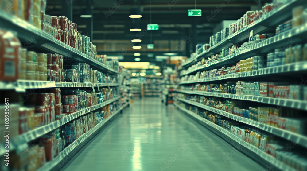 A blurry view of a supermarket with aisles and shelves. A blurry view of a supermarket with aisles and shelves.