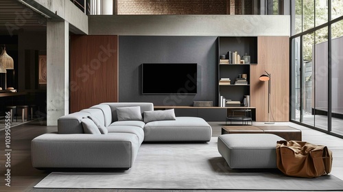 Gray sofa and tv unit in loft interior design of modern living room
