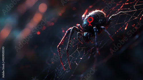 A close-up of a spider in its web, with a red symbol on its back. The spider is in focus, while the web and background are blurred. photo