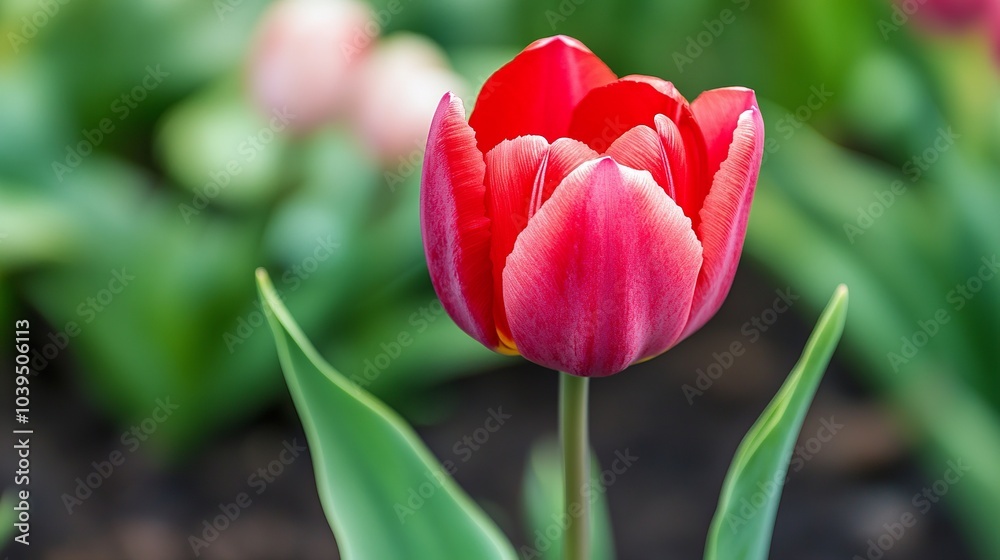 Naklejka premium A close-up of a red tulip outdoors, showcasing its pink petals and green leaves from above. This macrophotography image provides free text space and serves as a natural wallpaper background.