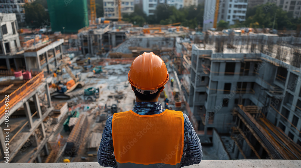 construction worker wearing orange safety vest and helmet overlooks busy construction site filled with buildings and equipment. scene captures essence of urban development construction worker wearing orange safety vest and helmet overlooks busy construction site filled with buildings and equipment. scene captures essence of urban development