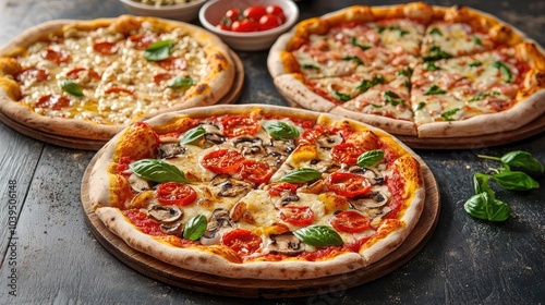 Three delicious pizzas with fresh ingredients on a wooden table.