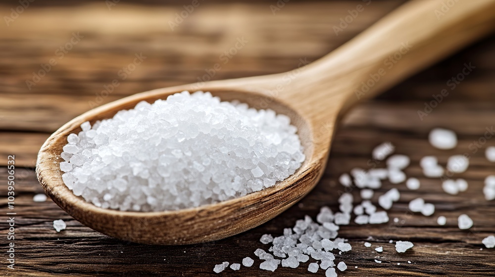 Sea salt in a wooden spoon, with selective focus. Sea salt in a wooden spoon, with selective focus.